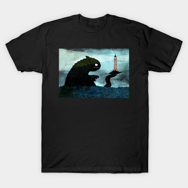 Sea Monster & Lighthouse T-Shirt by djrbennett